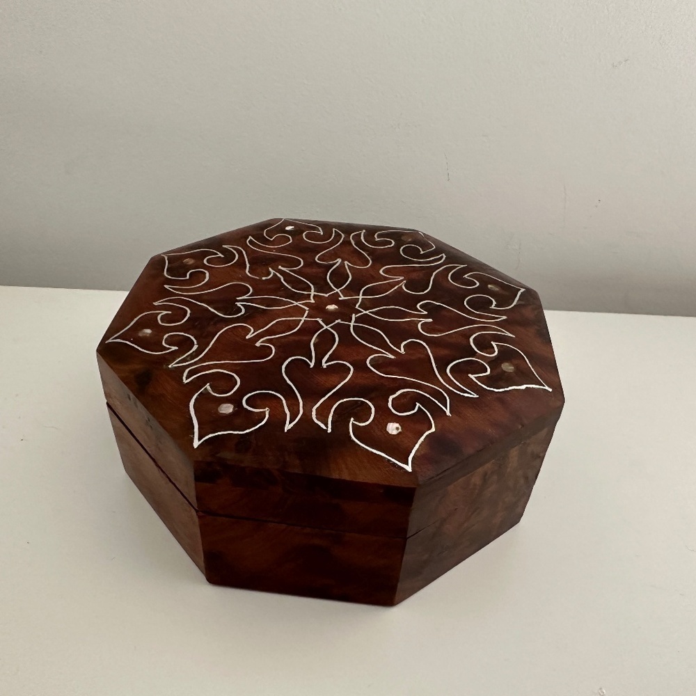 Burr Walnut Hexagon Jewelry Box Trinket Vintage Classic